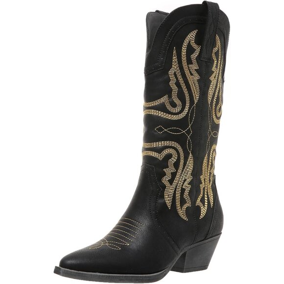 Women's Black Pointed Toe Chunky Block Heel Cowgirl Mid Calf Western Booties - Picture 1 of 5